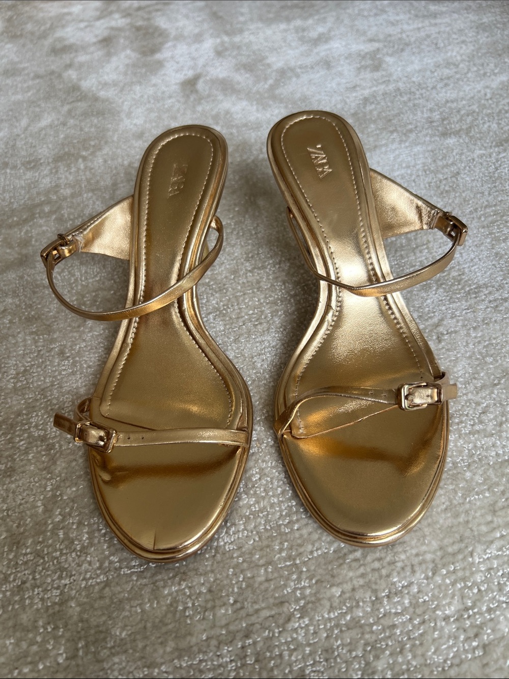 Zara Metallic Gold Narrow-Strap Slide Sandals